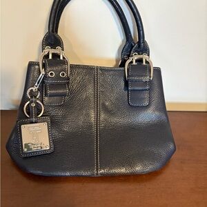 Tignanello Navy Pebbled Leather Satchel with Silver Hardware